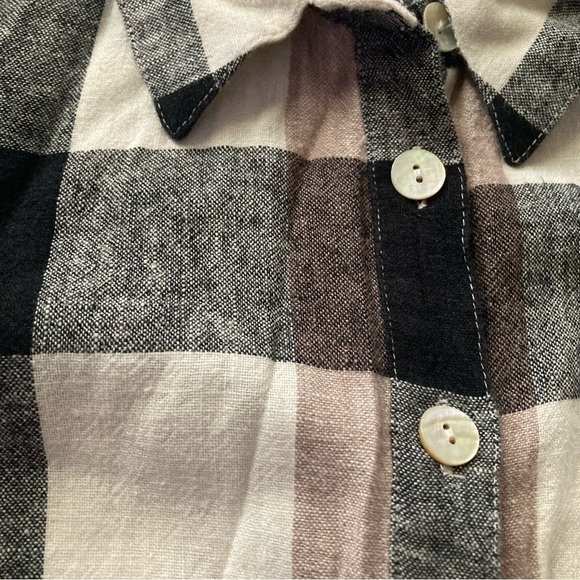 Soft Surroundings carreaux plaid ivory black zipper back shirt linen blend - Picture 3 of 7